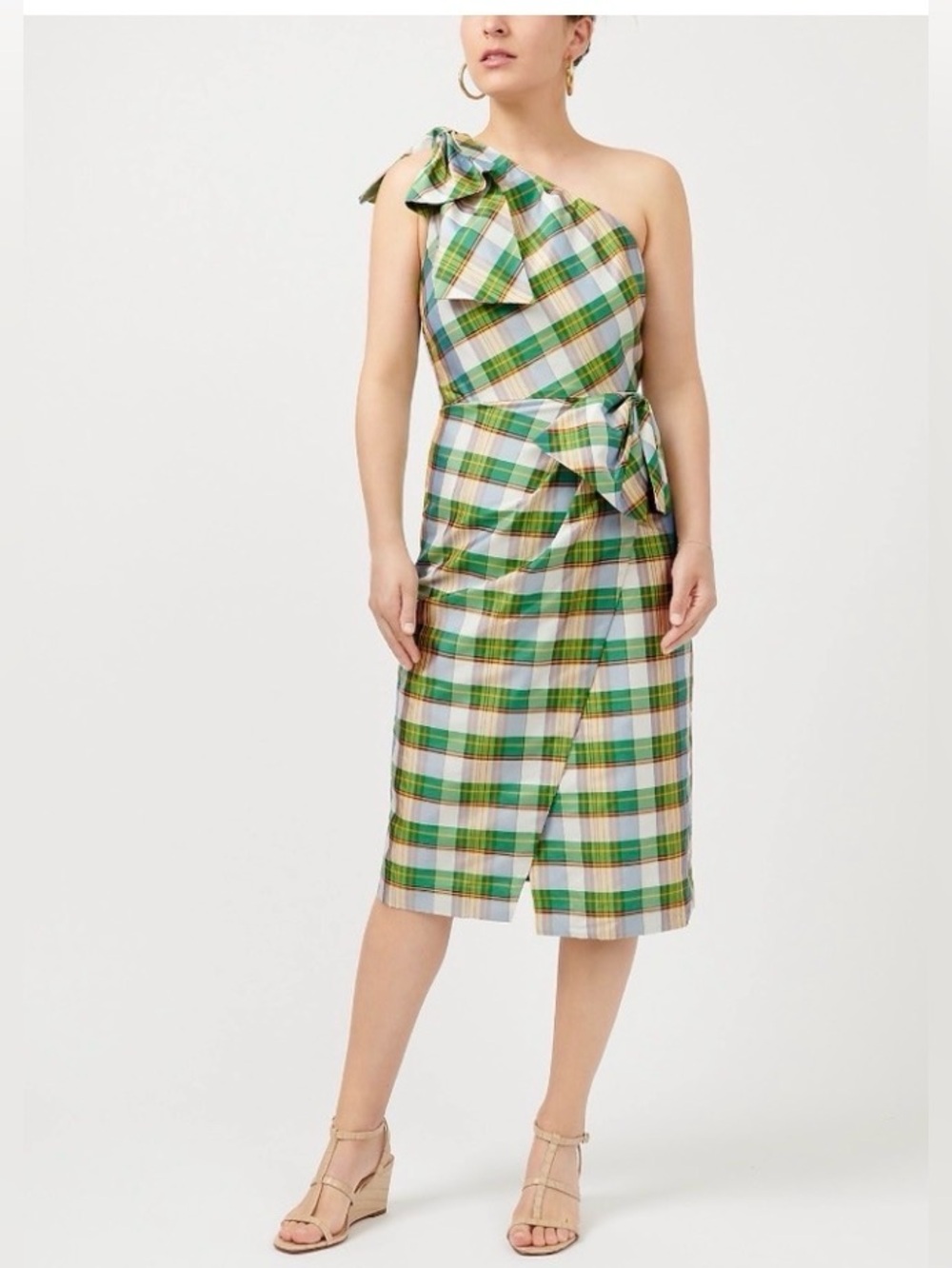 J.Crew one shoulder plaid silk taffeta dress 4 bow dressy wedding cocktail - Picture 2 of 9